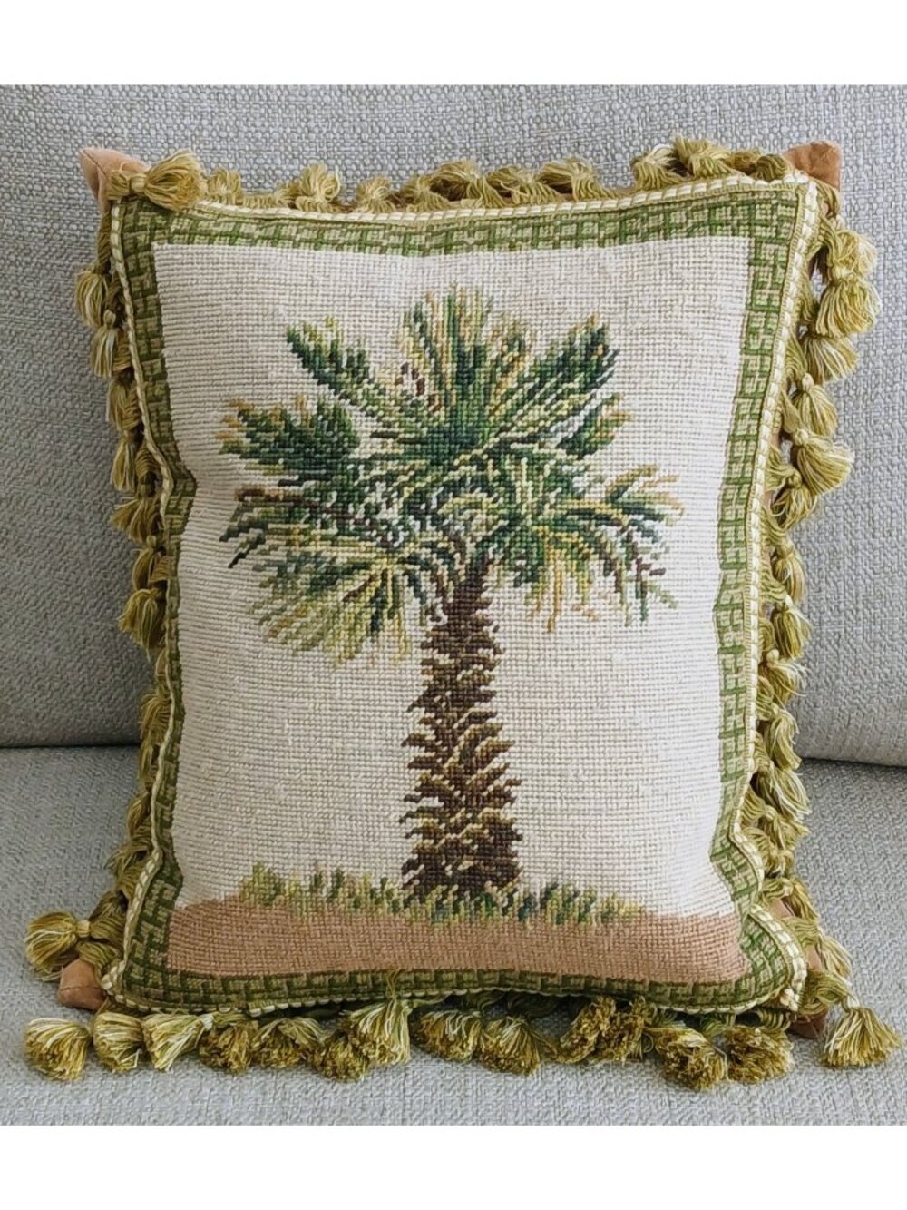 Vintage Palm Tree Needlepoint Pillow Tassel Trim Feather 18x14 Palm Beach